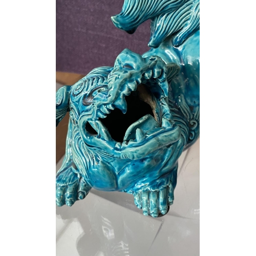 138 - Mid-Century Large Turquoise Chinese Ceramic Foo Dog Figure (Minor Defects as in Picture)