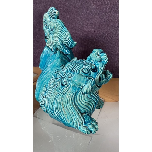 138 - Mid-Century Large Turquoise Chinese Ceramic Foo Dog Figure (Minor Defects as in Picture)