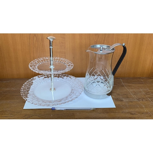 139 - Crystal 2-Tier Basketweave Design Dessert Plate Together with Vintage Glass Pitcher