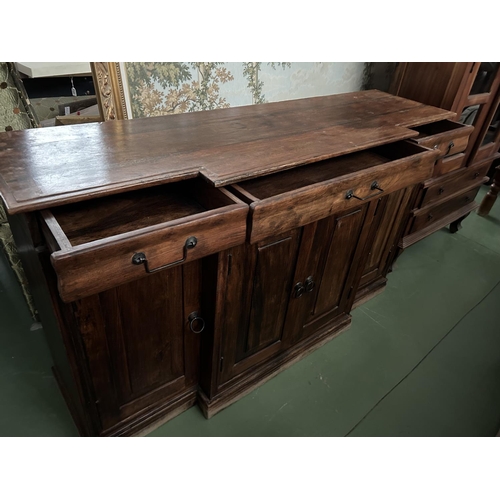 38A - Rustic 4-Door Sideboard with 3 Top Drawers in Solid Teak Wood (150 W. x 44 D. x 89cm H.)