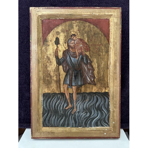 98 - Antique 1890 Greek Saint Christopher Icon on Wood (24 x 35cm)