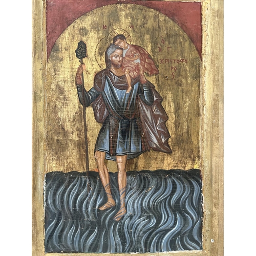 98 - Antique 1890 Greek Saint Christopher Icon on Wood (24 x 35cm)