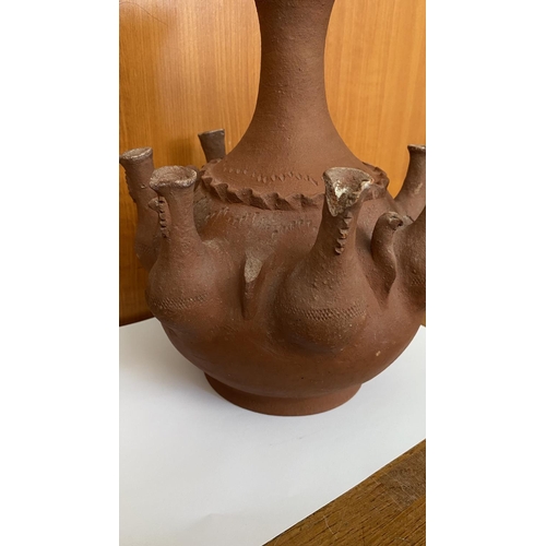 118 - Cyprus Folk Art Vase (Known as Kouzoudi) Made of Red Clay with Embossed Birds and Pitchers (25cm H.)