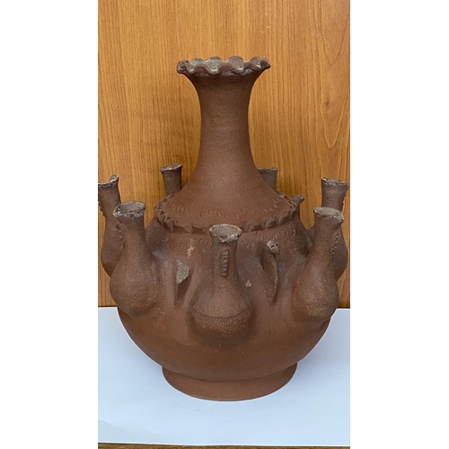 118 - Cyprus Folk Art Vase (Known as Kouzoudi) Made of Red Clay with Embossed Birds and Pitchers (25cm H.)