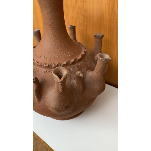 118 - Cyprus Folk Art Vase (Known as Kouzoudi) Made of Red Clay with Embossed Birds and Pitchers (25cm H.)