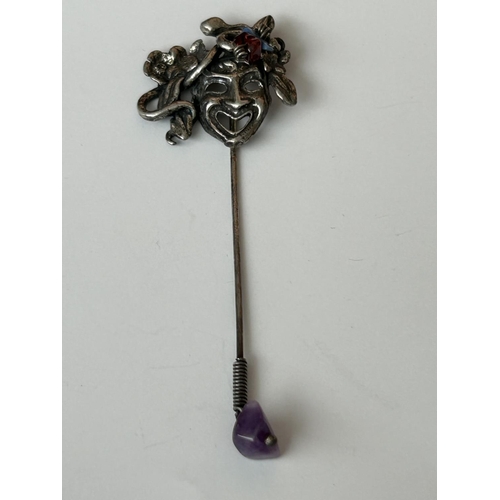 573 - Silver Mask Hatpin with Amethyst Stones