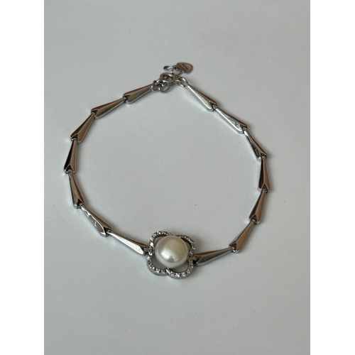 83 - Real Pearl and Zirconia Silver 925 Hallmarked Bracelet