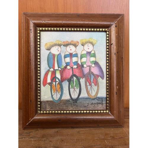 87 - 'Joyce Roybal 'The Cyclists' Painting on Board, Framed (36 x 31cm)