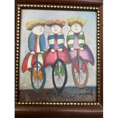 87 - 'Joyce Roybal 'The Cyclists' Painting on Board, Framed (36 x 31cm)