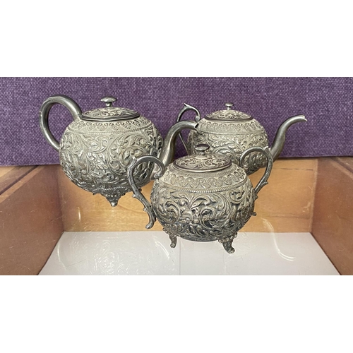 65 - Vintage Indian Silver 925 Hallmarked 3-Piece Tea Service/Set Conceived of Tea Pot, Cream Jug and Sug... 