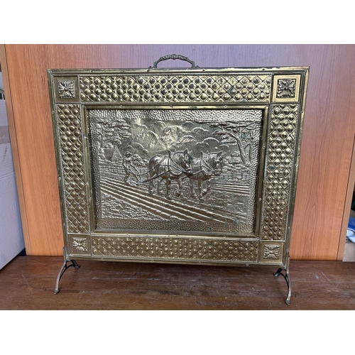 40 - Vintage Carved Brass and Wood Fireplace Guard (53 x 56cm)