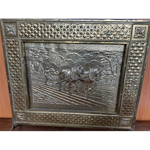 40 - Vintage Carved Brass and Wood Fireplace Guard (53 x 56cm)