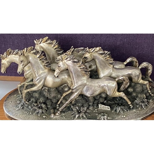 50 - Silver Plated Galloping Horses Depiction by Cavalli Ripani (Italian 20th C. - 70cm L.)