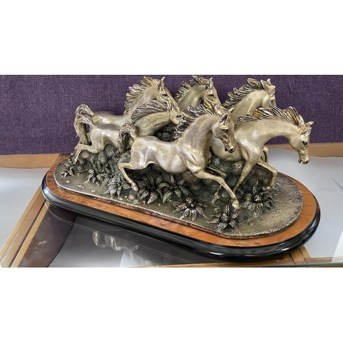 50 - Silver Plated Galloping Horses Depiction by Cavalli Ripani (Italian 20th C. - 70cm L.)