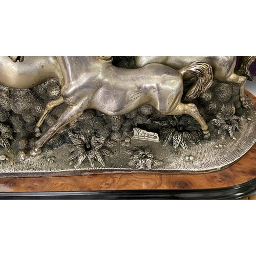 50 - Silver Plated Galloping Horses Depiction by Cavalli Ripani (Italian 20th C. - 70cm L.)