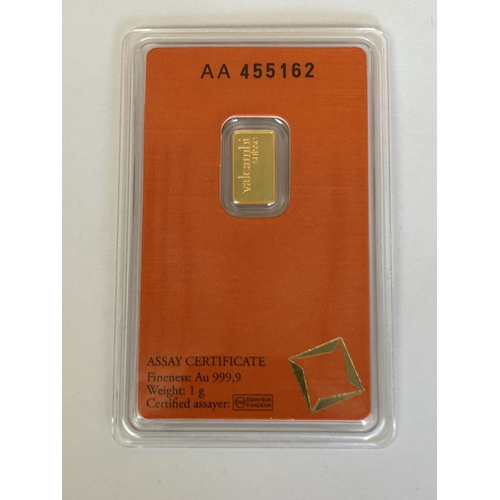 66 - Valcambi Switzerland x1 Gram Gold Bar Numbered AA455162