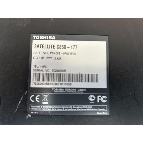 82 - Toshiba Satellite Laptop C850-177 (A/F - Untested, No A/C Adaptor, Hard Drive Removed)