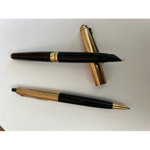 71 - Box of 1950's Pelikan 555 Rolled Gold Double L Ballpoint Pen and P1 Rolled Gold Double L Fountain Pe... 