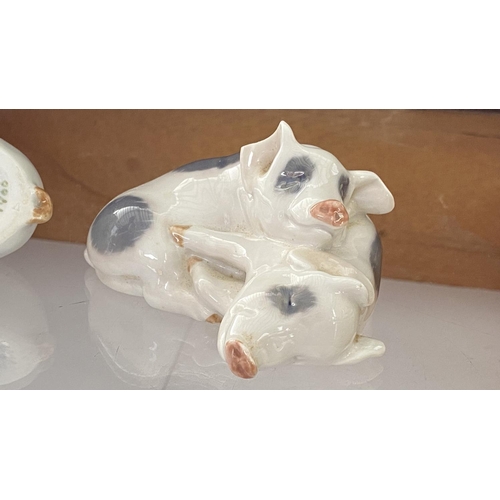 77 - x2 Royal Copenhagen Resting Pigs (A/F) and Early 1900's White Pig with Blue Eyes