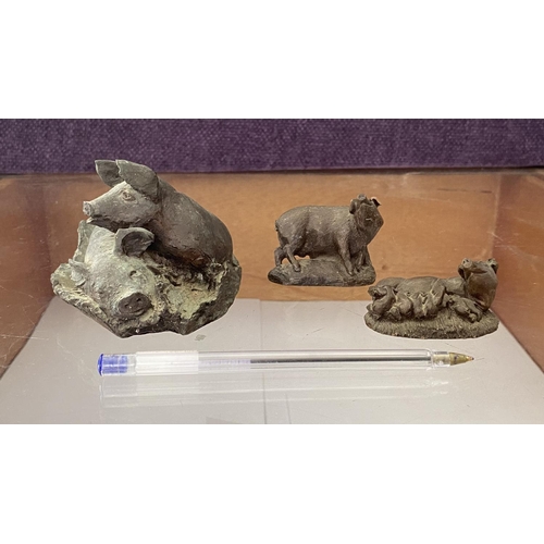 79 - Pigs Bronze Sculpture Made in England, Cast Bronze Bull and Pig Feeding Piglets Figures