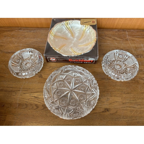 123 - x2 Crystal Ashtrays, Large Cigar Glass Ashtray and Vintage JR Reinchart Golddekor Silver Plated Bowl... 