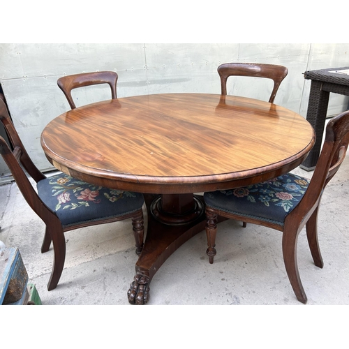 110 - Antique Victorian Circular Mahogany Dining Table with 4 Embroidered Matching Chairs (130cm Diameter,... 