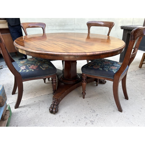 110 - Antique Victorian Circular Mahogany Dining Table with 4 Embroidered Matching Chairs (130cm Diameter,... 