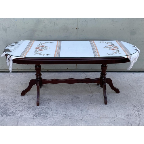 522 - Oval Coffee Table with Glass Protector Top and Underglass Embroidered Cloth (117 W. x 48 D. x 50cm H... 