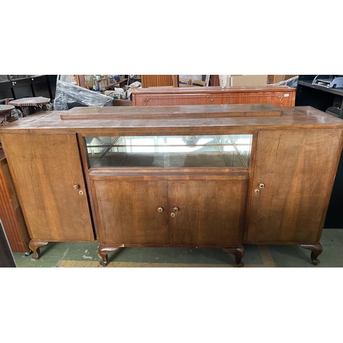 525 - Large Antique Art Deco Walnut Buffet Unit with Mirrored Shelves and Bow Legs (210 W. x 55 D. x 104cm... 