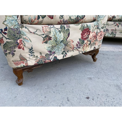 544 - Vintage 1960's 3-Seat Sofa and 2 Relax Armchairs with Flower Fabric Cover and Curved Wooden Legs