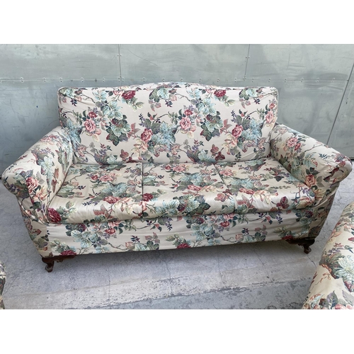 544 - Vintage 1960's 3-Seat Sofa and 2 Relax Armchairs with Flower Fabric Cover and Curved Wooden Legs