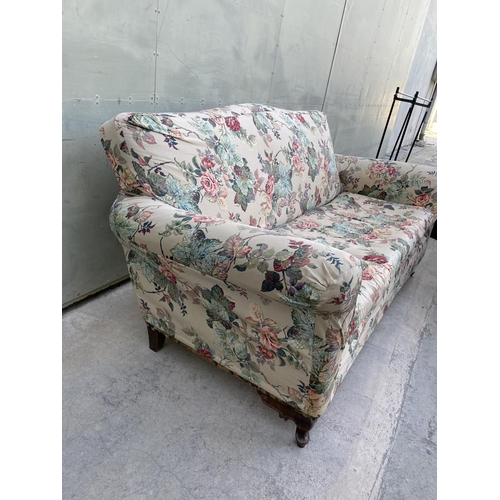 544 - Vintage 1960's 3-Seat Sofa and 2 Relax Armchairs with Flower Fabric Cover and Curved Wooden Legs