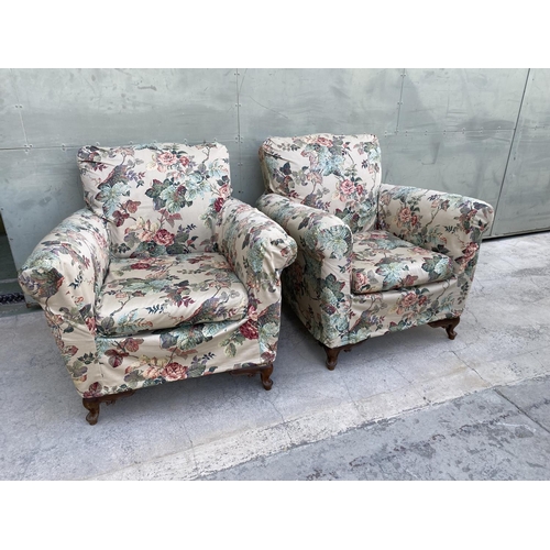 549 - x2 Vintage 1960's Relax Armchairs with Flower Fabric Covers and Curved Wooden Legs