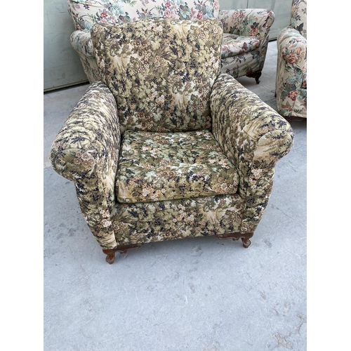 549 - x2 Vintage 1960's Relax Armchairs with Flower Fabric Covers and Curved Wooden Legs