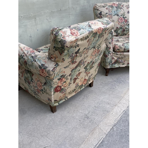 549 - x2 Vintage 1960's Relax Armchairs with Flower Fabric Covers and Curved Wooden Legs