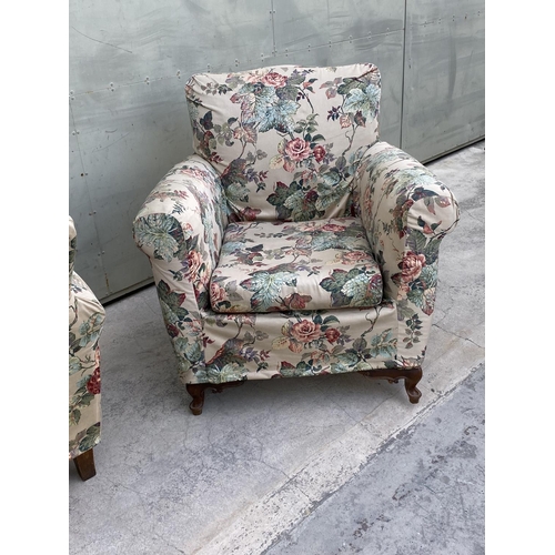 549 - x2 Vintage 1960's Relax Armchairs with Flower Fabric Covers and Curved Wooden Legs