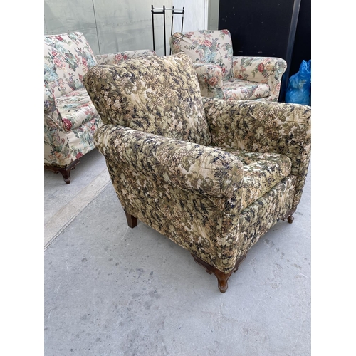 549 - x2 Vintage 1960's Relax Armchairs with Flower Fabric Covers and Curved Wooden Legs