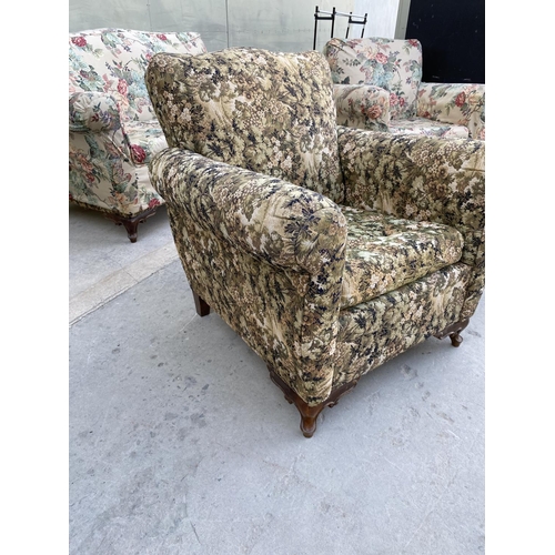 549 - x2 Vintage 1960's Relax Armchairs with Flower Fabric Covers and Curved Wooden Legs