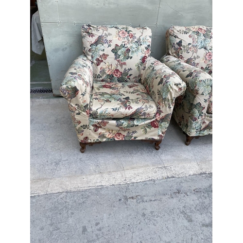 549 - x2 Vintage 1960's Relax Armchairs with Flower Fabric Covers and Curved Wooden Legs