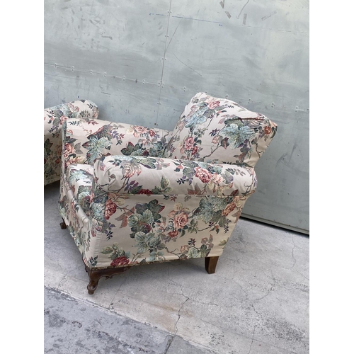 549 - x2 Vintage 1960's Relax Armchairs with Flower Fabric Covers and Curved Wooden Legs