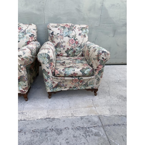 549 - x2 Vintage 1960's Relax Armchairs with Flower Fabric Covers and Curved Wooden Legs