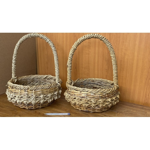 21 - x2 Round Woven Rope & Cane Baskets with Tall Handle (Unused)