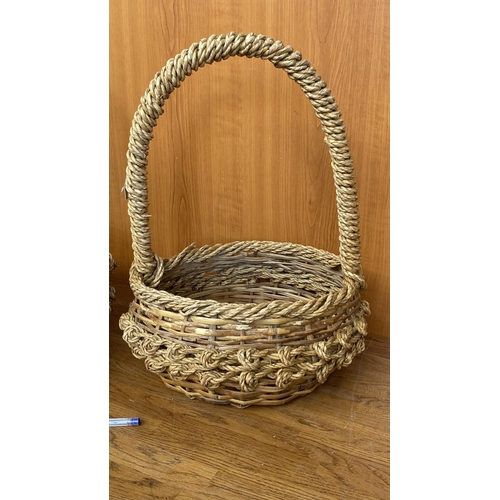 21 - x2 Round Woven Rope & Cane Baskets with Tall Handle (Unused)