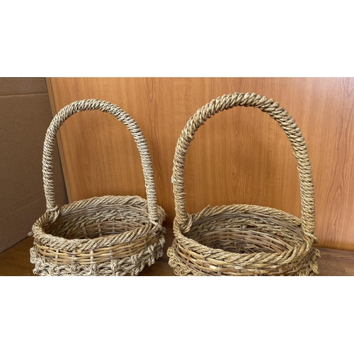 21 - x2 Round Woven Rope & Cane Baskets with Tall Handle (Unused)