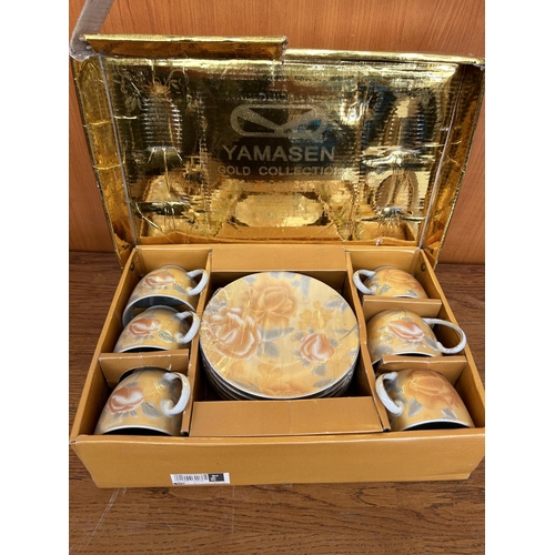 60 - Yamasen Japan 24k Gold Plated Fine Porcelain Coffee Cups & Saucers in Box