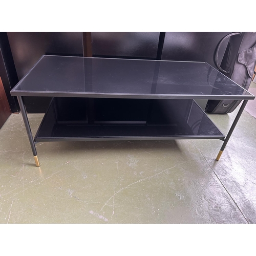 70 - Vintage Modernized Glass Top 2-Tier Coffee Table with Brass Legs (114 W. x 57 D. x 47cm H.)