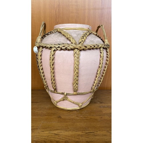 201 - Large (36cm H.) Pottery Planter/Vase with Braided Rattan Details (Unused)