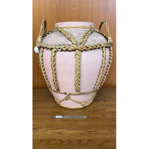 201 - Large (36cm H.) Pottery Planter/Vase with Braided Rattan Details (Unused)