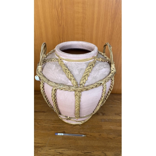 201 - Large (36cm H.) Pottery Planter/Vase with Braided Rattan Details (Unused)