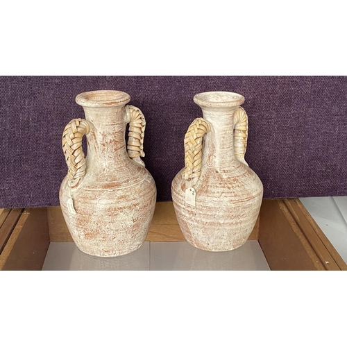 202 - x2 Terracotta Ceramic Flower Vases with Rattan Details (23cm H./each)